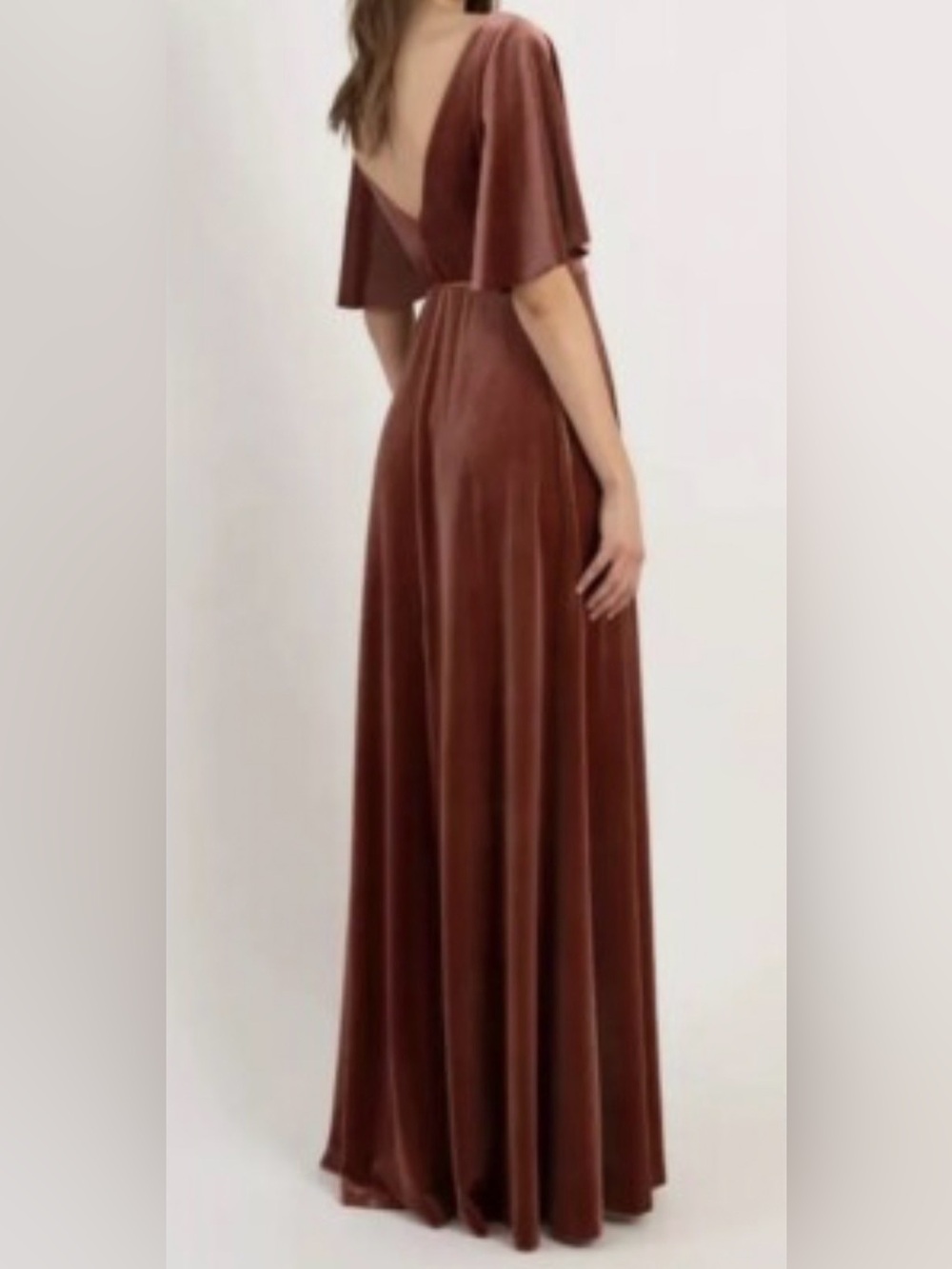 Jenny Yoo Chocolate Brown Velvet Maxi Dress with Flutter Sleeves y26